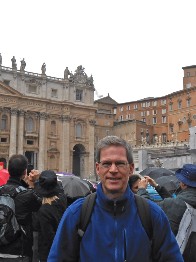 Kevin with the black smoke coming out of the Sistine Chapel behind him.