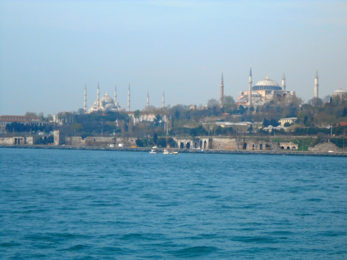 The Blue Mosque on the left and the Hagia Sophia on the right from the Sea of Marmara